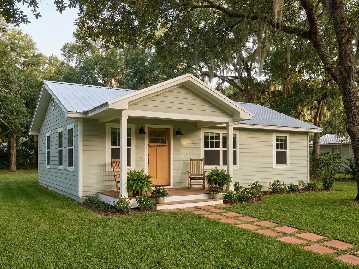 Pale-sage home with a small porch and garden stepping stones