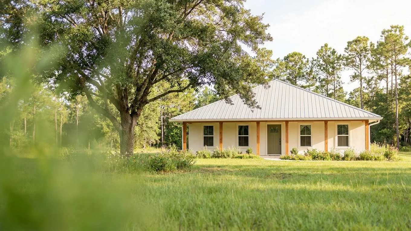 Cream home with timber porch posts beside a mature oak